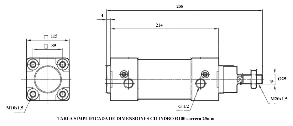 Dimensiones cilindro neumatico diametro 100 carrera 25 100x25